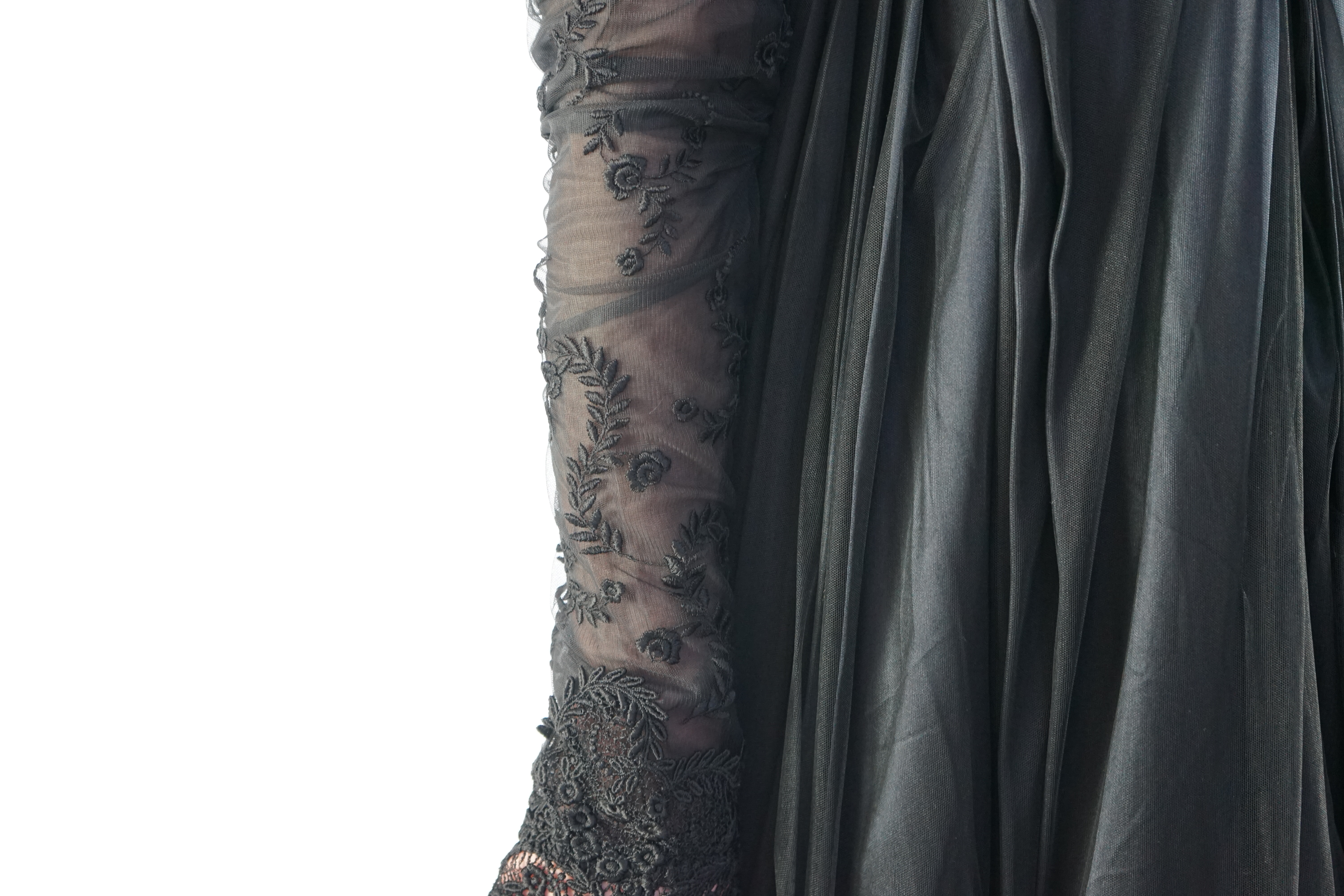 A fine quality lady's black satin, chiffon and jet trimmed Regency style evening dress with long train, lacing on jet stomacher. Ex English National Opera (unlabelled) 'Don Giovanni'